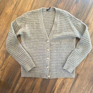 Gray Ribbed V-Neck Button Cardigan Sweater - Women